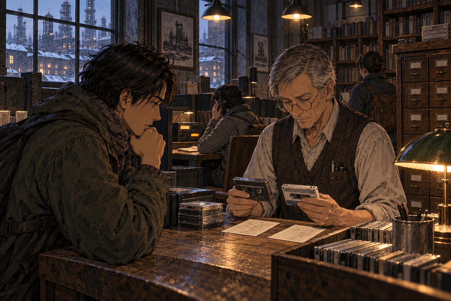 Teren compares two cassette editions and their catalogue cards for a waiting reader while another patron uses a listening deck.