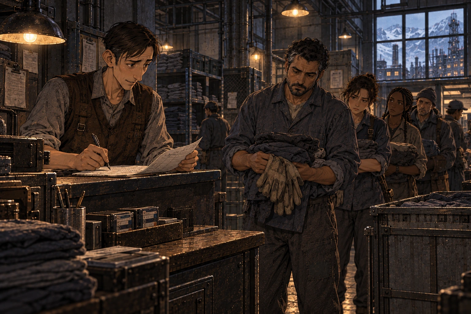 Orel consults the work list while Mik waits holding worn laundry gloves.