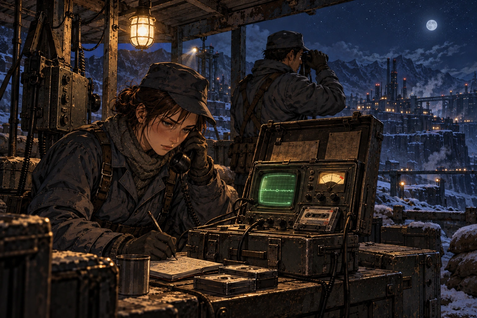 Two capped sentries use field communications equipment and binoculars beneath a clear night sky.