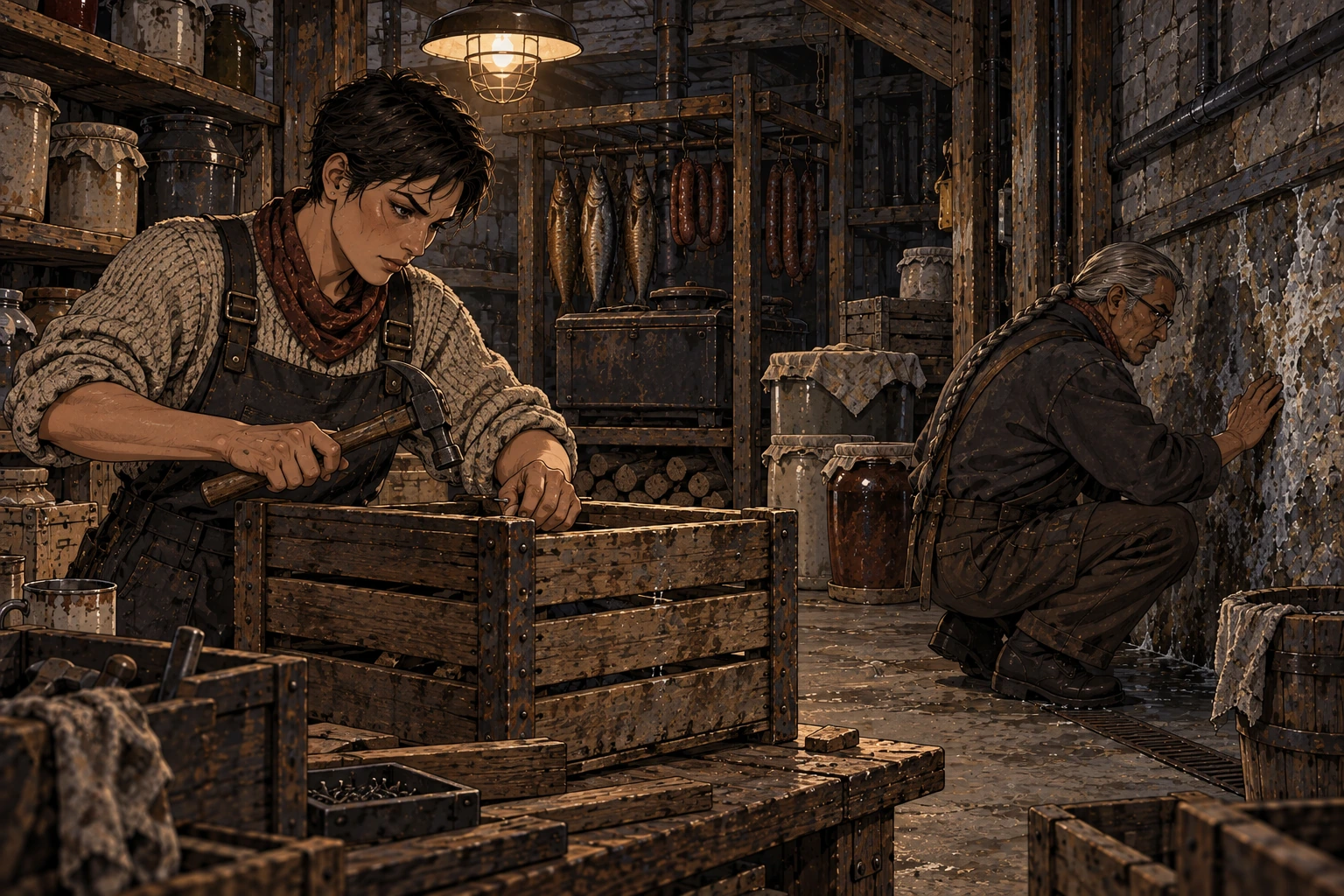 One worker repairs a returnable crate while another examines damp staining in a modest preservation room.