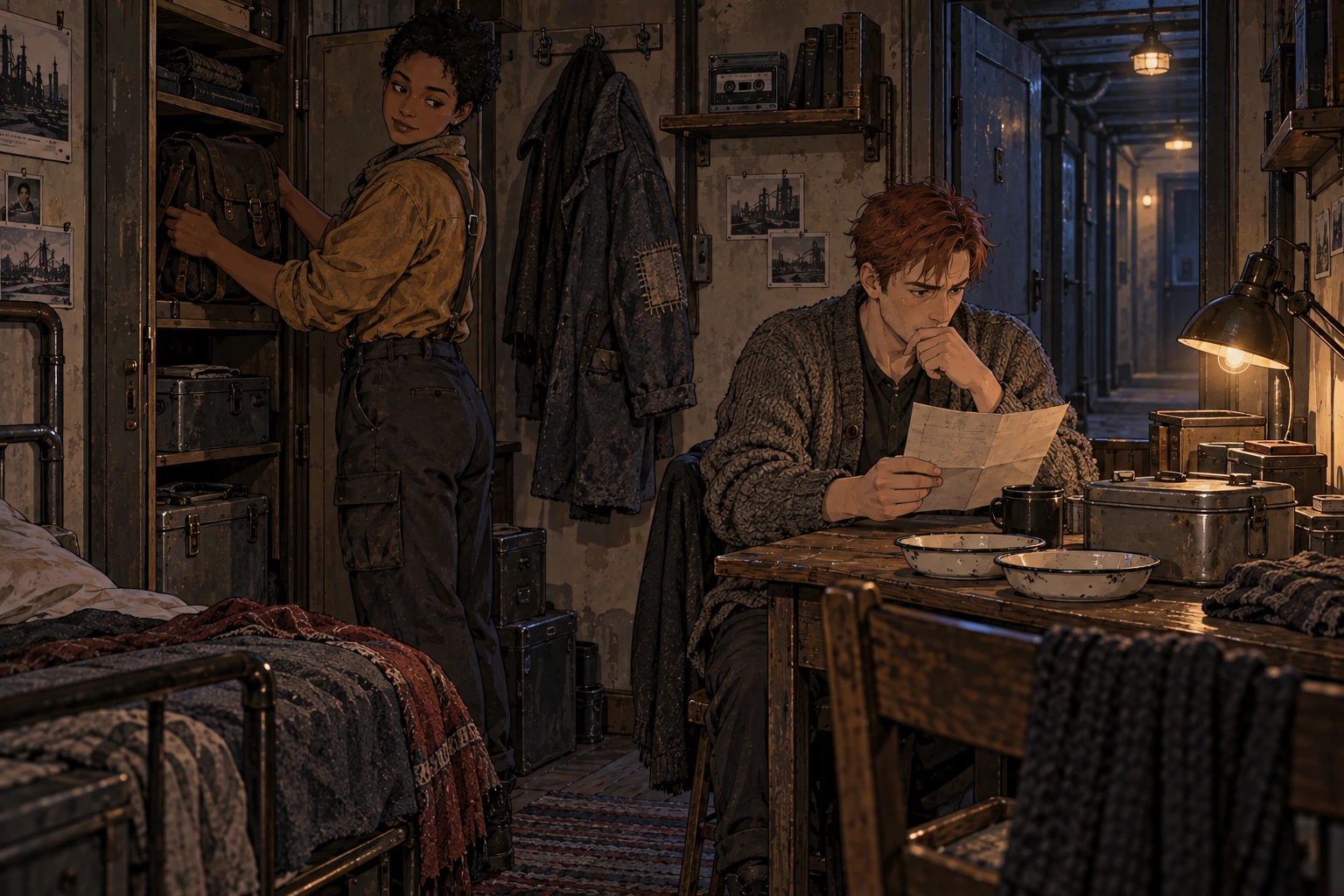 A young woman puts away her satchel while a red-haired friend studies a folded notice in a small lodging room with a repaired coat and carefully kept cassette.