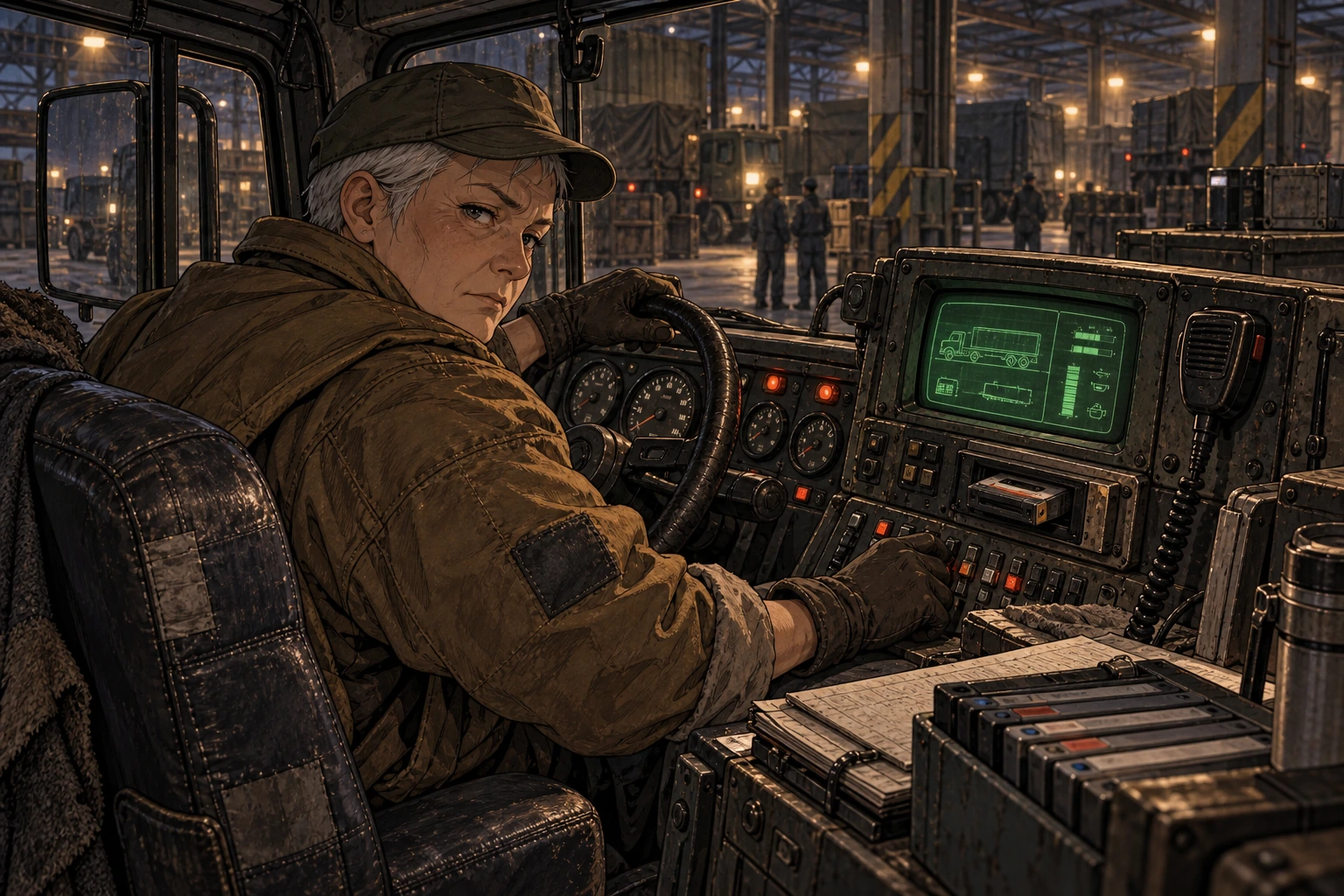 Edda checks a substantial CRT and cassette dashboard in her stationary truck.