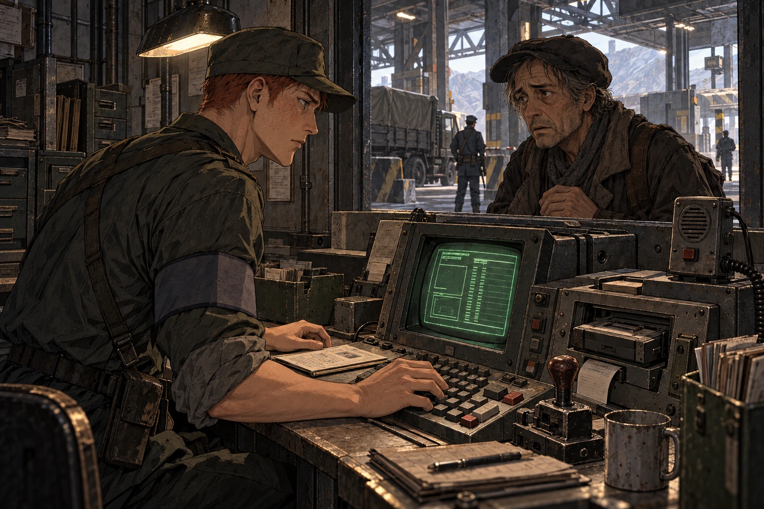 Jorin checks an older traveller at a rugged CRT and cassette terminal in a covered checkpoint office.