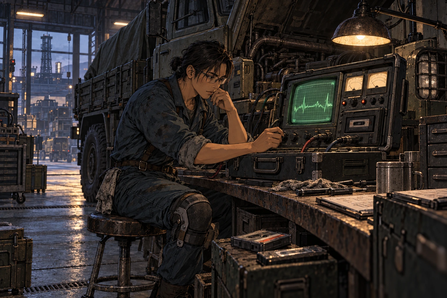Sen checks a full diagnostic case while seated beside a stationary service truck.