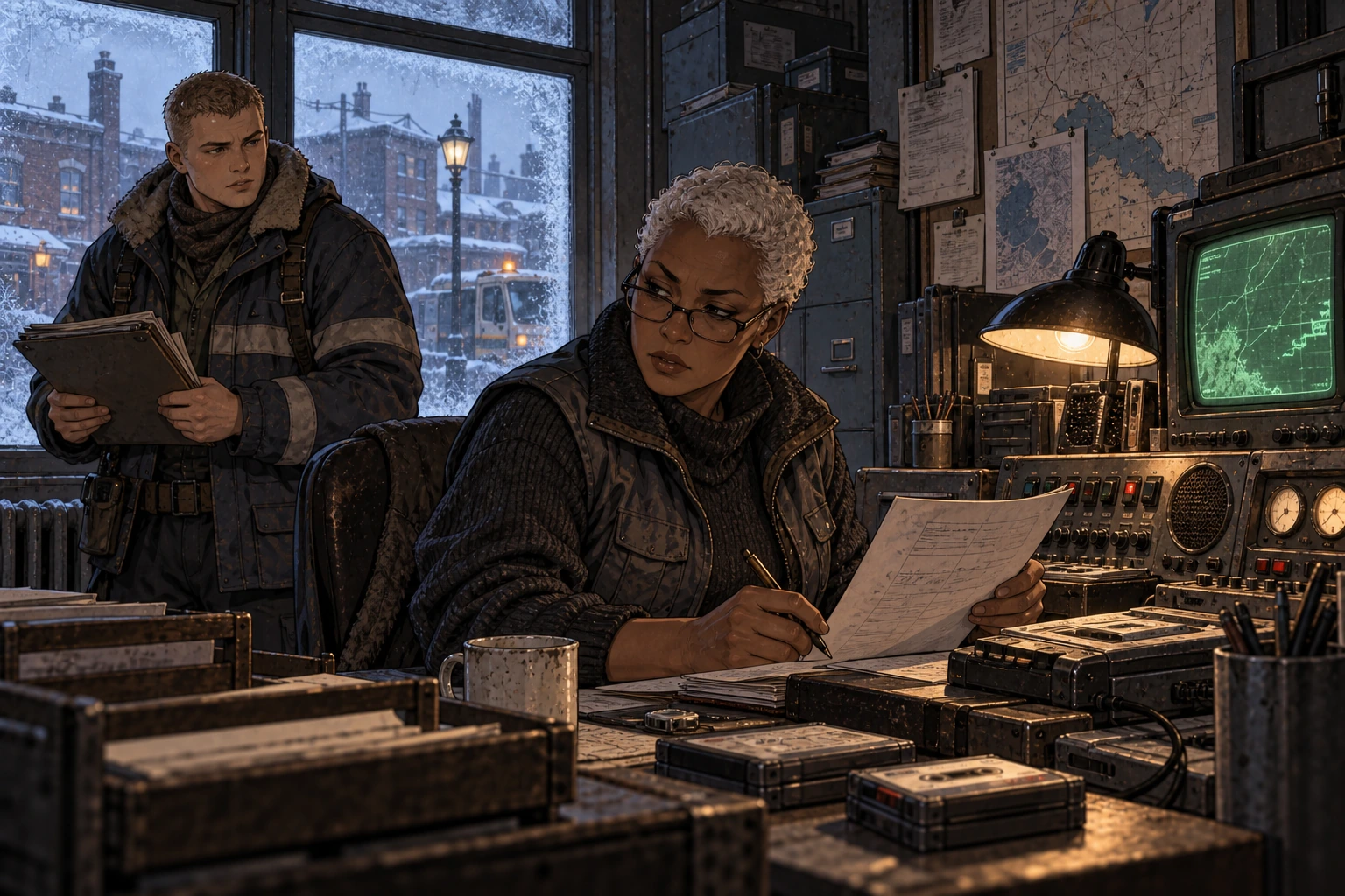 An experienced weather operator compares paper reports beside analogue radio controls, a CRT and tapes while a colleague brings another report.