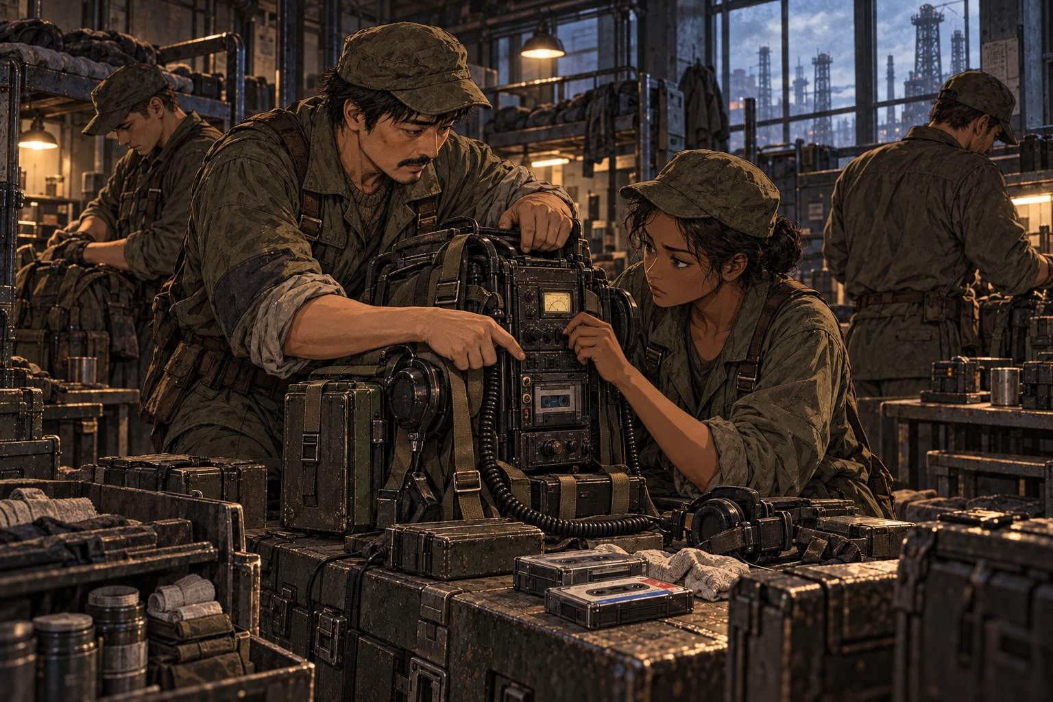 Aron and Nera check a heavy field radio on an open equipment trunk.
