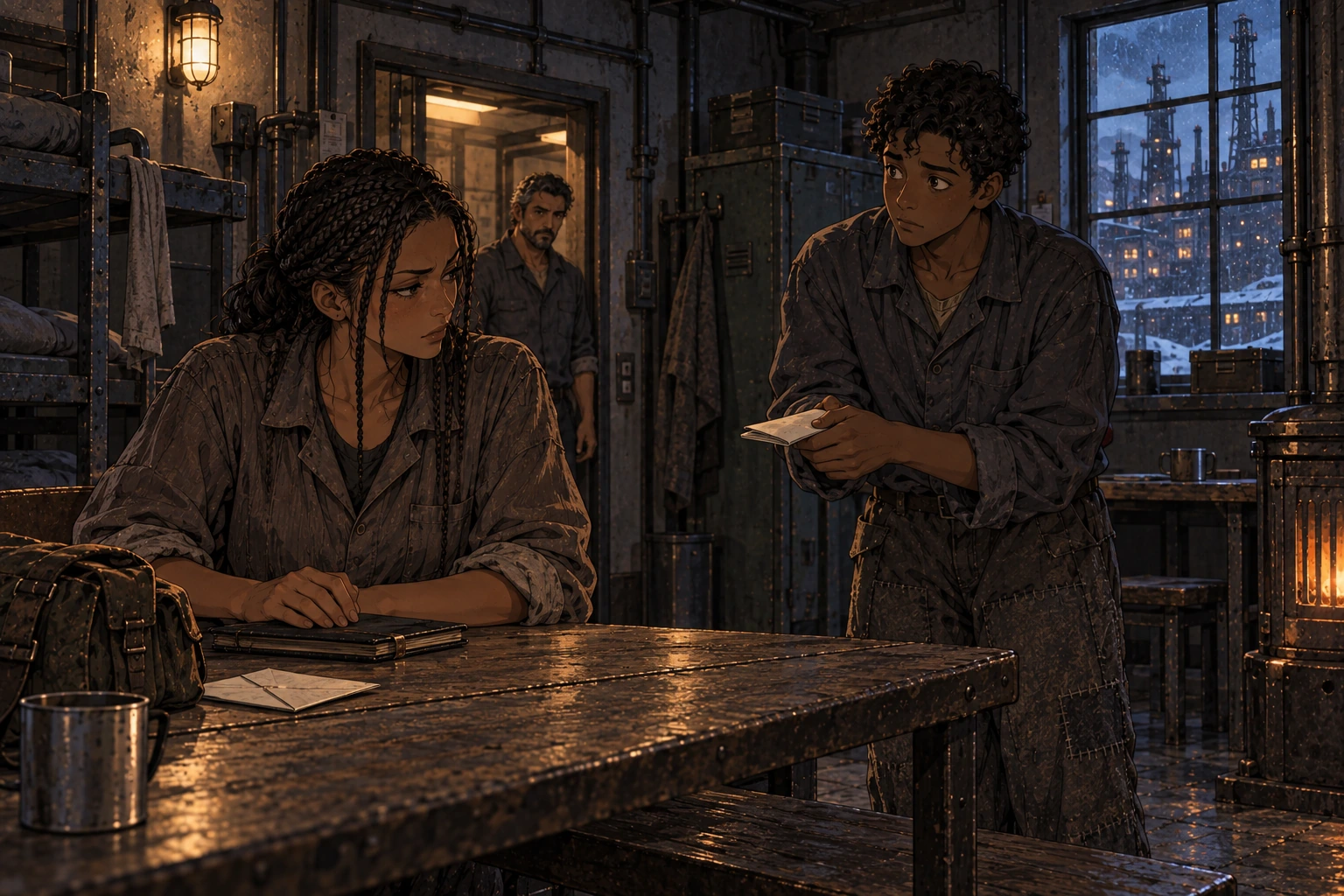 Tavi offers his own folded record to Dara beside her closed notebook while Mik watches from an interior doorway.