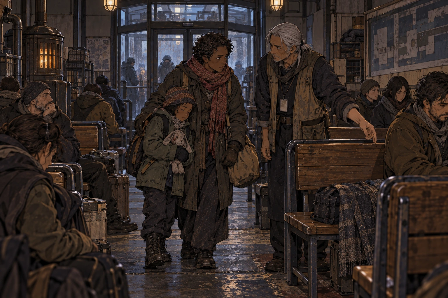 An attendant directs a tired newcomer and child toward bench space inside a crowded dry public refuge.