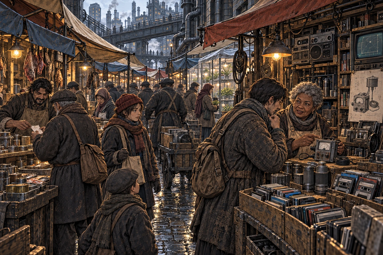 Canvas Square. Dense walkable market aisles leave room for trade, conversation and the work of moving supplies.