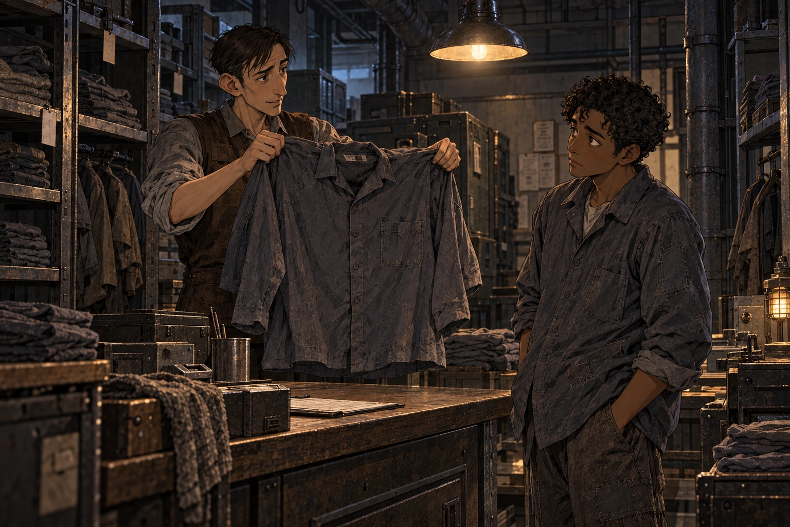 Orel holds up an oversized work shirt across the stores counter while Tavi considers the fit.
