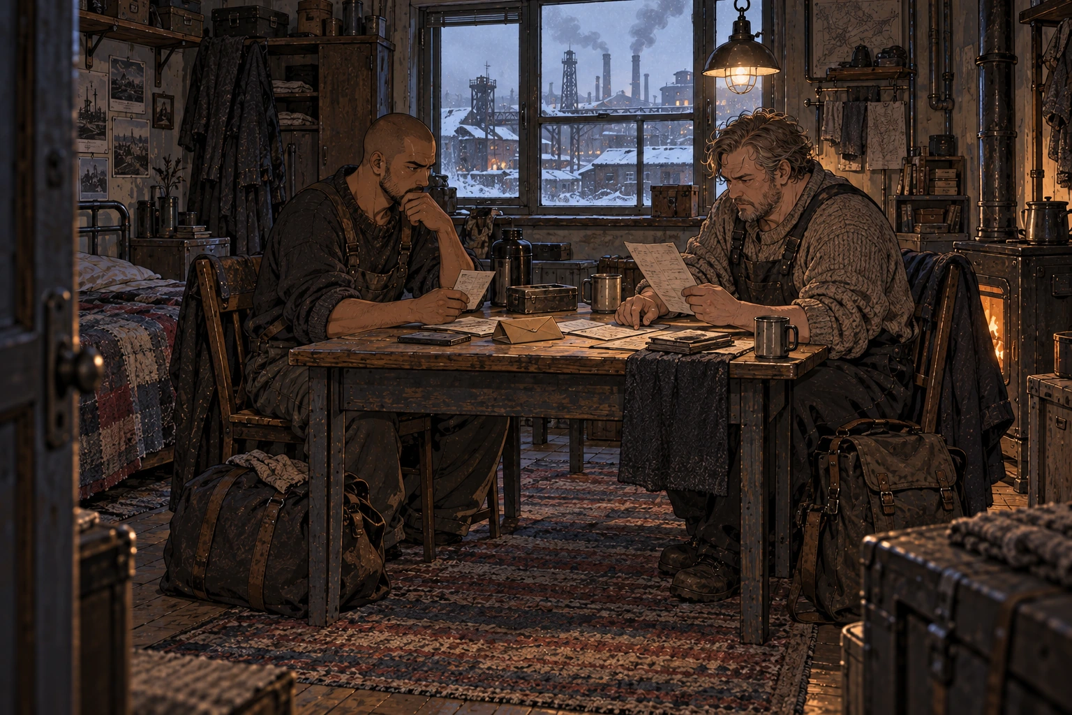 Two workers compare household papers beside a small savings envelope in a shared, patched room.