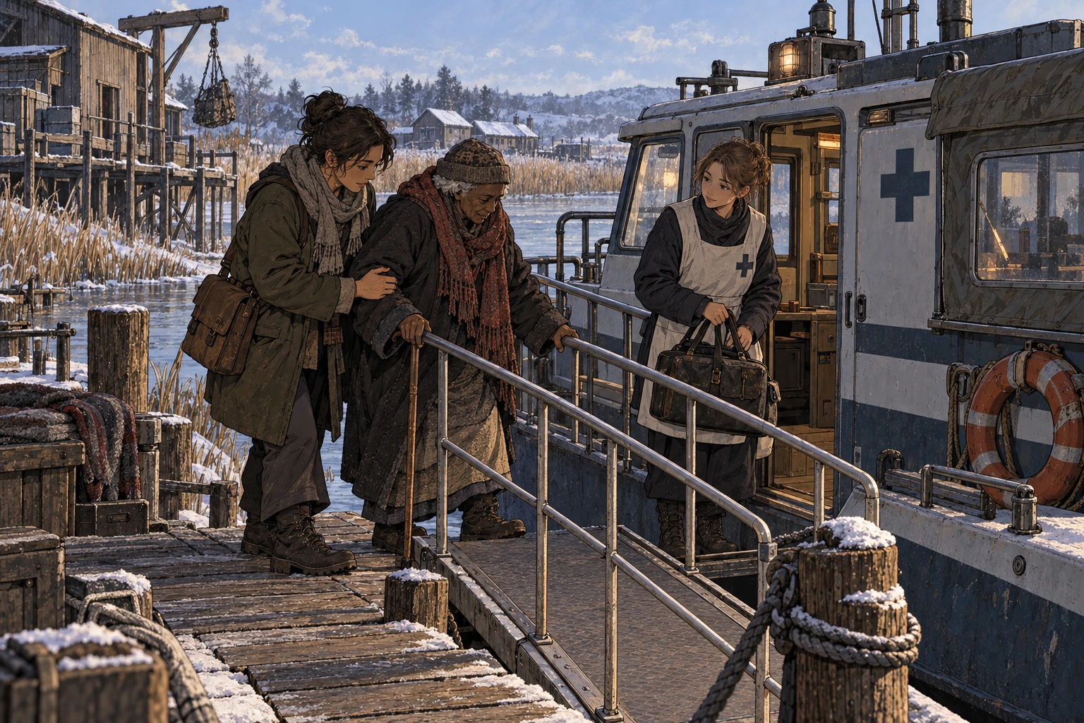 An older adult with a cane approaches a moored clinic launch with support from a local carer while a clinic worker carries a bag beside the railed gangway.