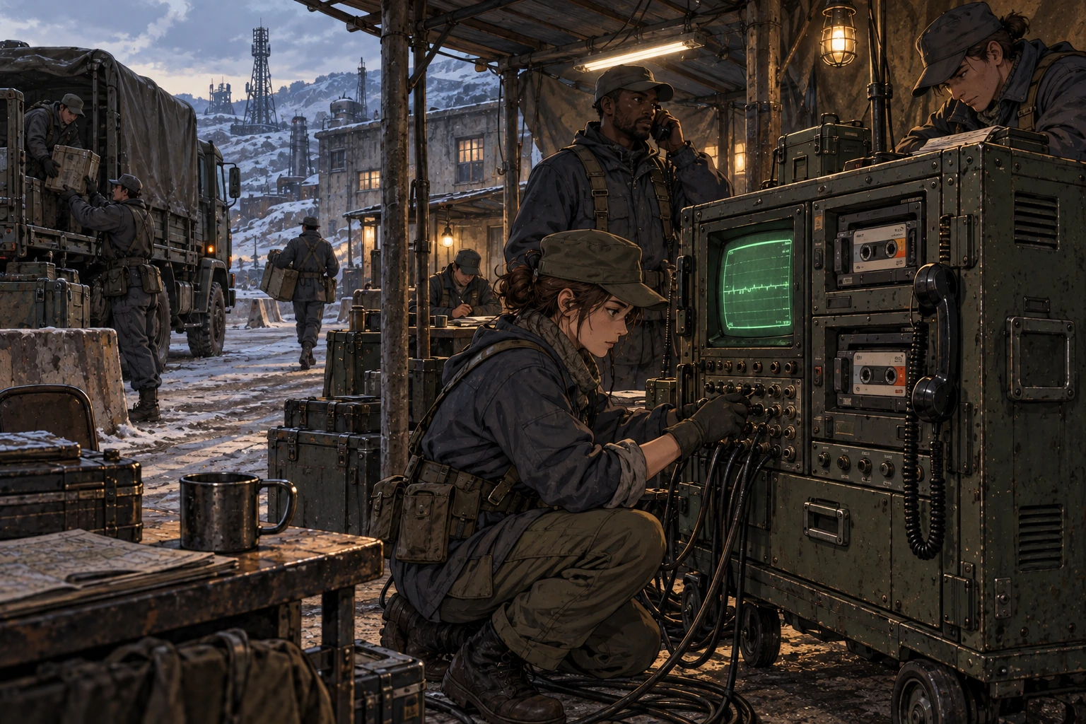 Capped personnel unload an ordinary truck and operate a large CRT and twin-cassette posting console.