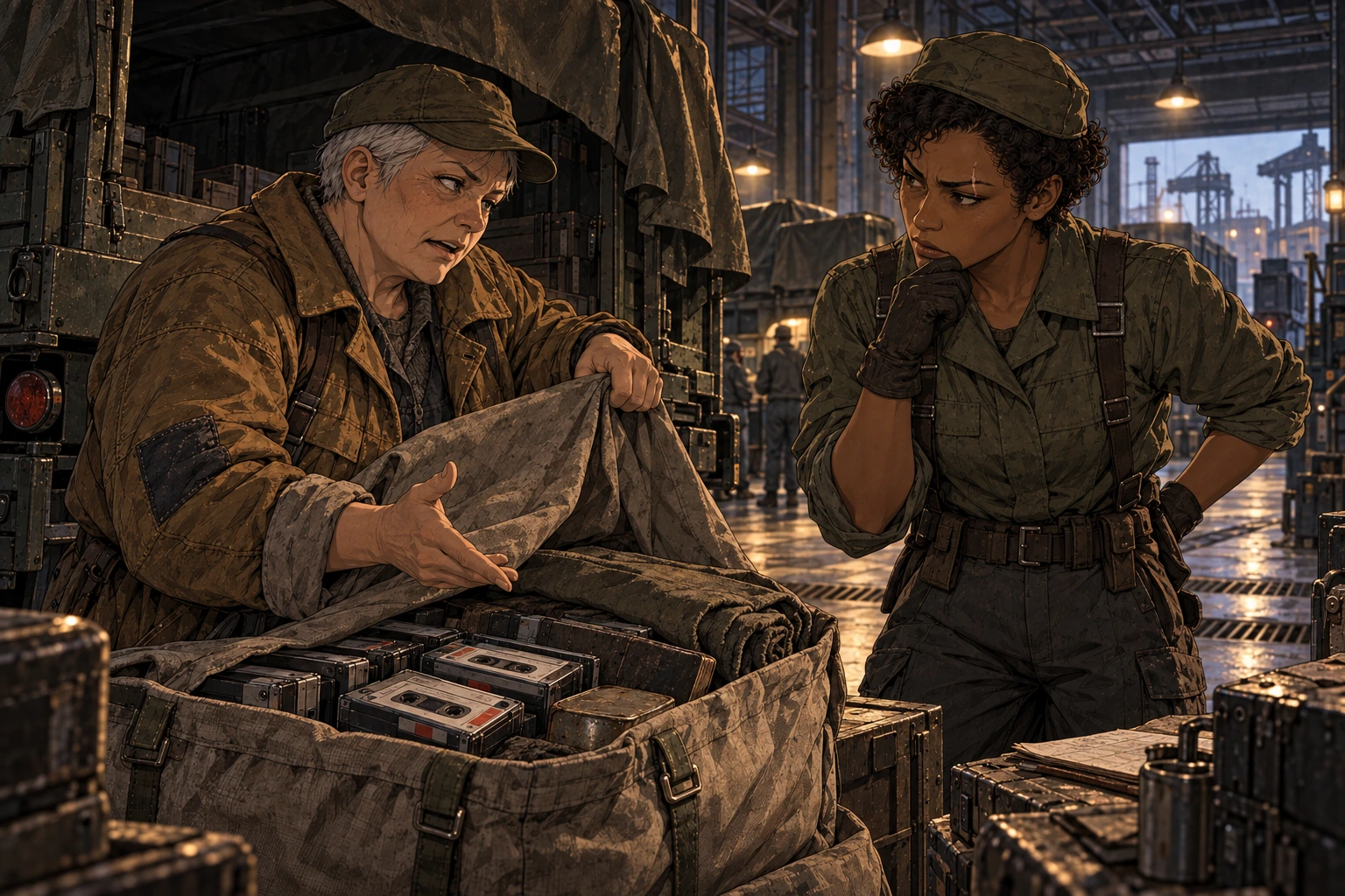 Edda indicates a returned stores hamper beside the stationary truck while Vesa listens.