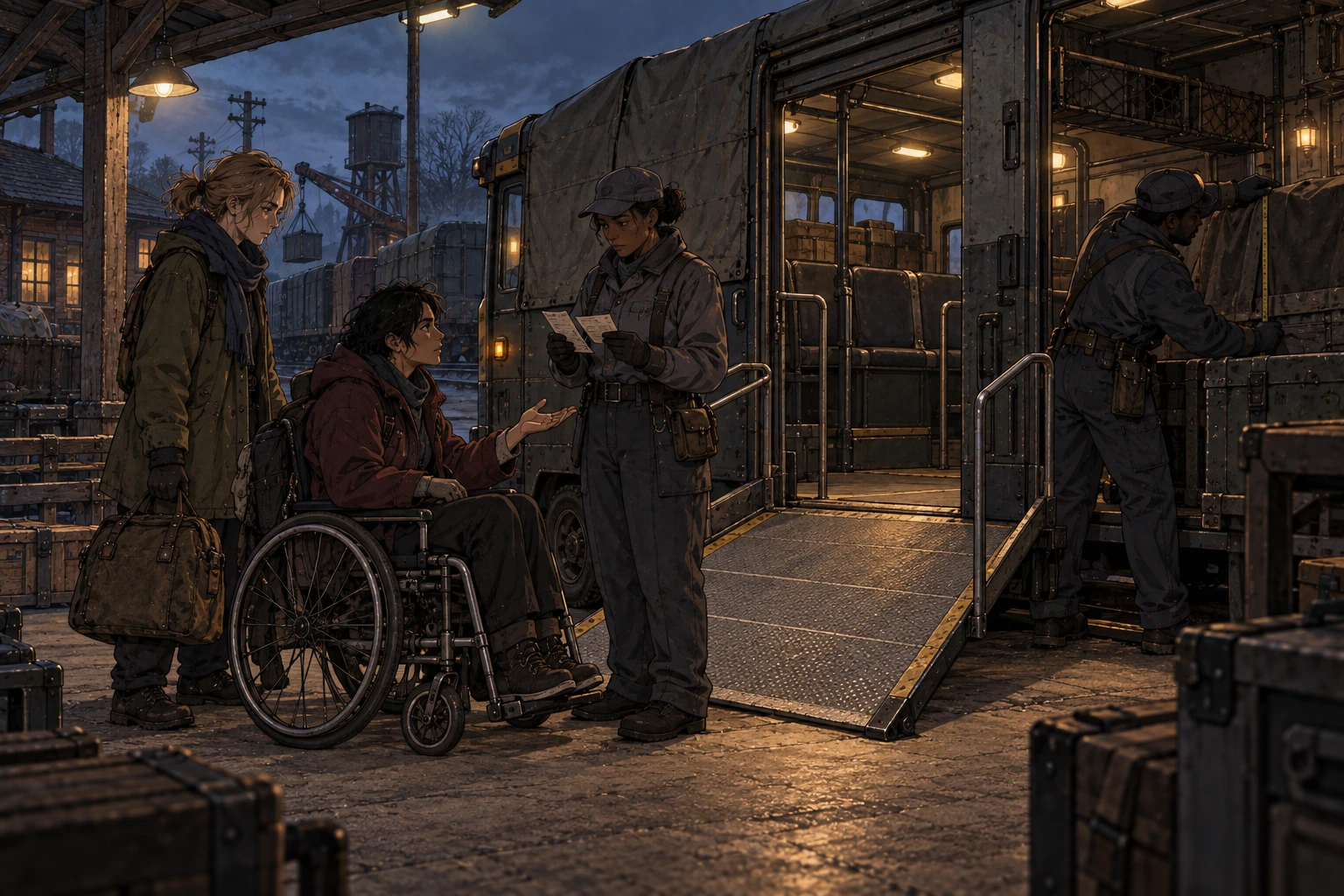 A wheelchair user discusses two booking slips with a worker beside a stopped passenger-and-cargo vehicle with a broad fitted ramp, while a companion waits and a porter checks cargo.