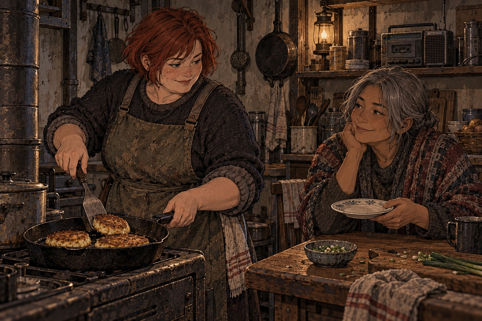 A cook tends a few paste cakes while an older neighbour waits with a plate in a worn kitchen.