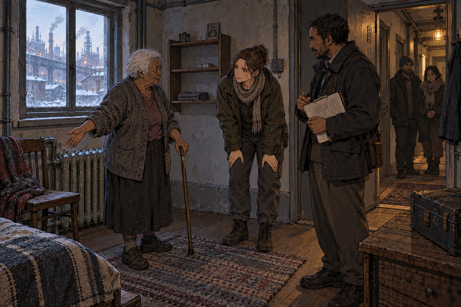 An older resident with a cane indicates where she wants a chair while a helper and housing representative listen, with another household waiting in the corridor.