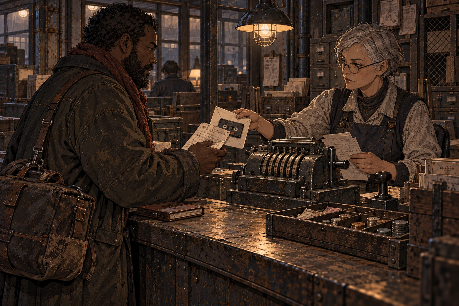 A clearing clerk handles a cassette record and papers opposite a customer, beside a mechanical tally machine and a separate cash tray.