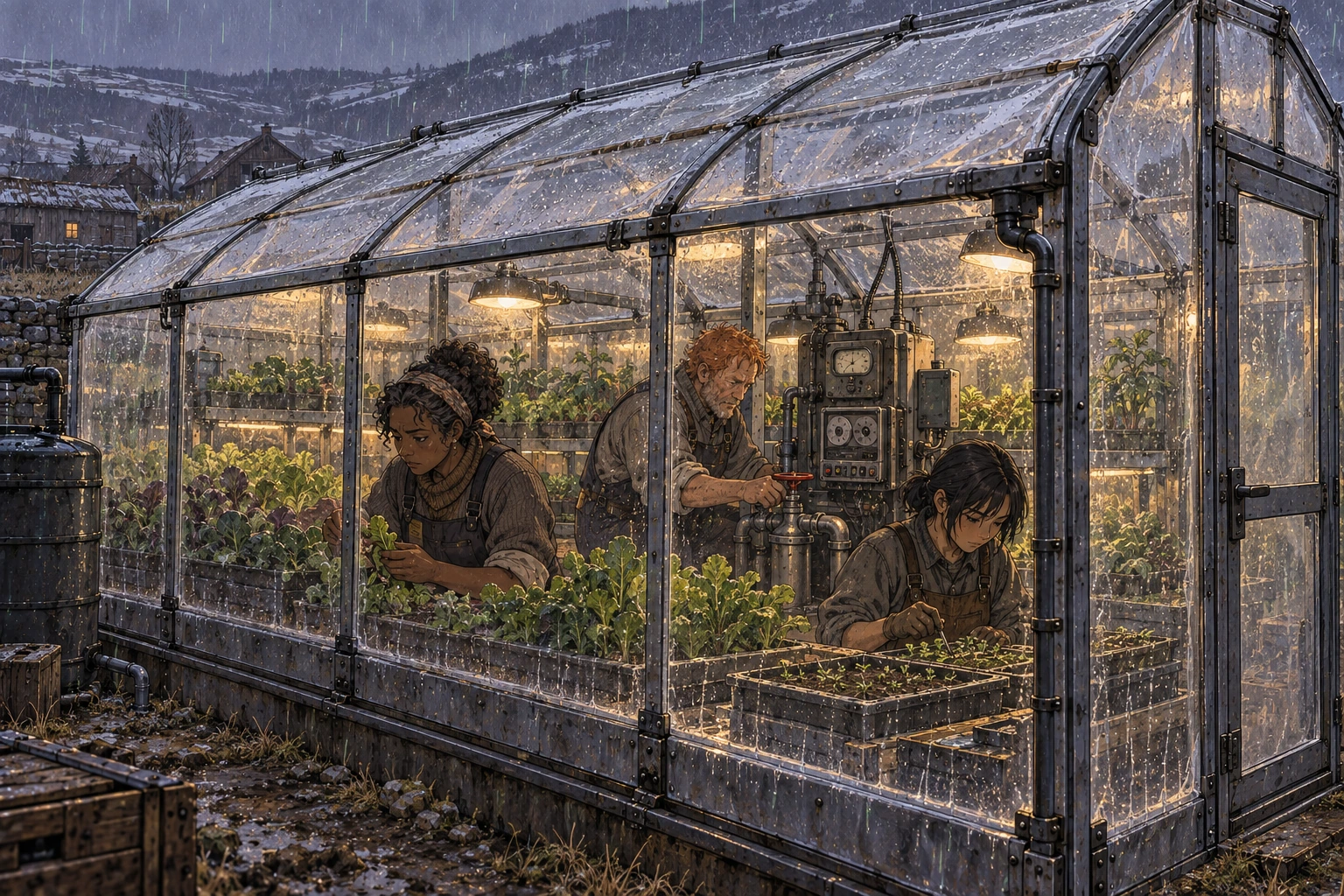 Three workers tend crops and a pump inside a completely enclosed transparent greenhouse, with coloured rain outside and modest rural buildings beyond.